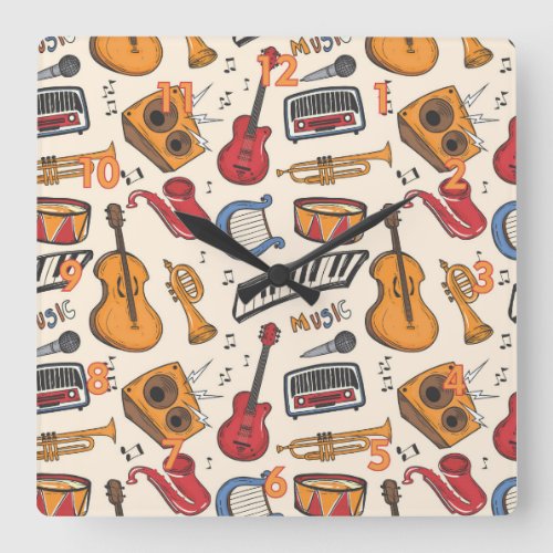 Cool Music Themed Piano Drums Guitar Violin More Square Wall Clock