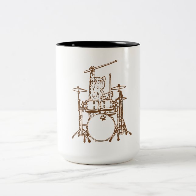 Cool Musician Cat Playing Drums  Two-Tone Coffee Mug (Center)