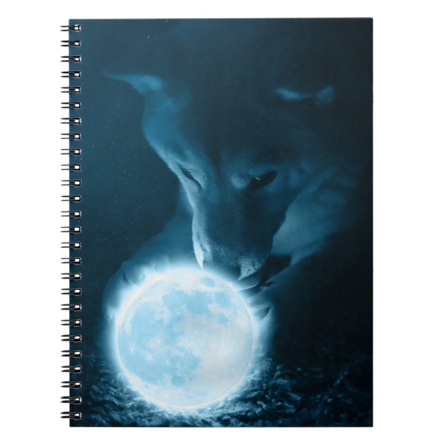 Cool Mystical Fantasy Wolf Holding The Moon Notebook (Front)