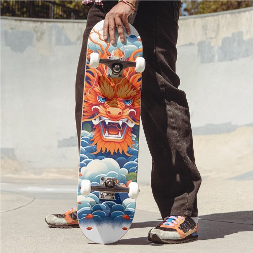 Cool Mythical Dragon Head Orange Blue Hue Skateboard