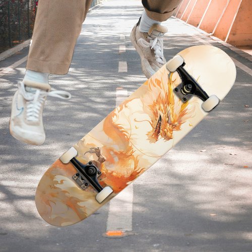 Cool Mythical Golden Dragon Soaring in Clouds  Skateboard