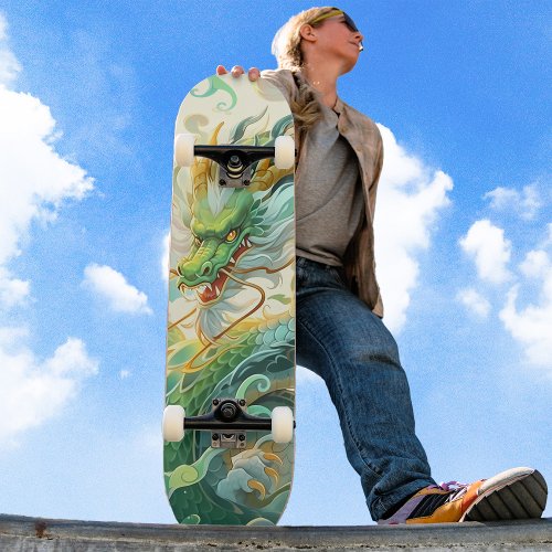 Cool Mythical Green Dragon Soaring in Clouds  Skateboard