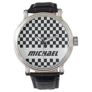 Cool Name Black and White Checkered Racing Watch