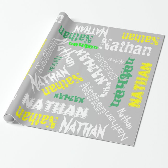 Cool Name Collage Modern Typography Custom Gray Wrapping Paper (Unrolled)