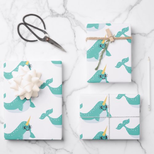 Cool Narwhals with Glasses Pattern Wrapping Paper Sheets