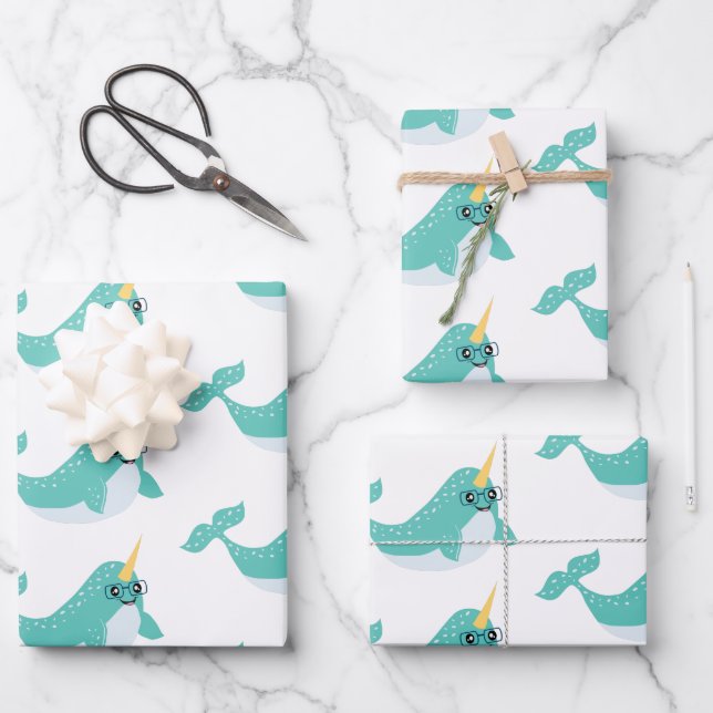 Cool Narwhals with Glasses Pattern Wrapping Paper Sheets (Front)