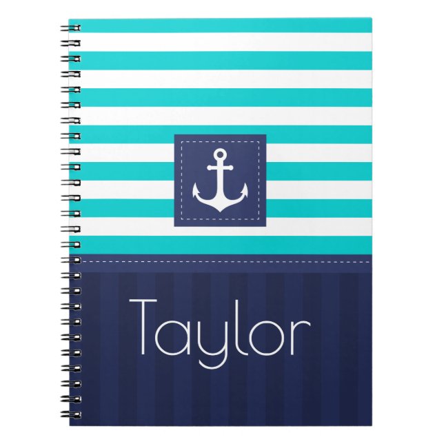 Cool Nautical Blue Stripes Design Personalized Notebook (Front)