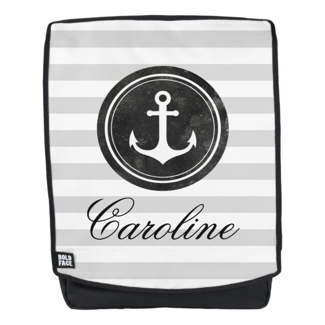 Cool Nautical Gray Stripes Anchor Backpack (Front)