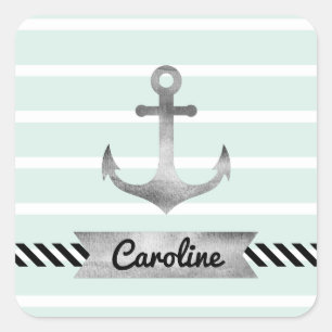 Cool Nautical Mint Stripes Anchor Personalized Square Sticker