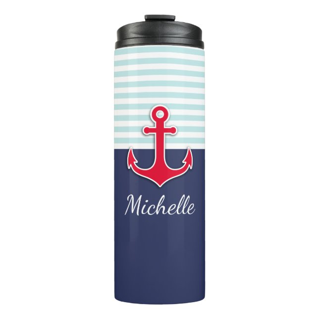 Cool Nautical Navy Blue Design Personalized Thermal Tumbler (Front)