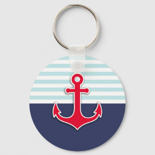 Cool Nautical Navy Blue Red Anchor Design Keychain