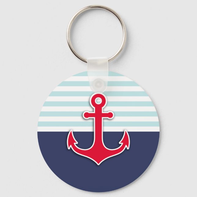 Cool Nautical Navy Blue Red Anchor Design Keychain (Front)