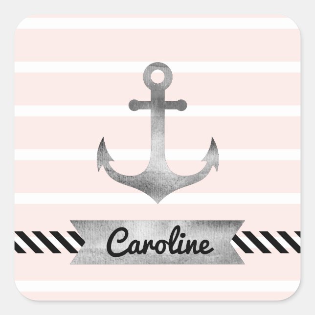 Cool nautical Pink Stripes Anchor Personalized Square Sticker (Front)