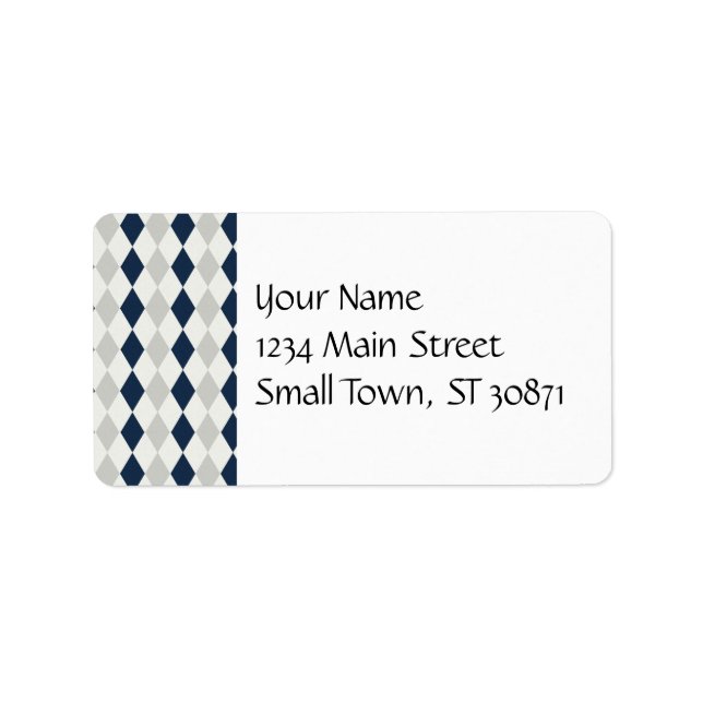 Cool Navy Blue and Gray Argyle Diamond Pattern Label (Front)