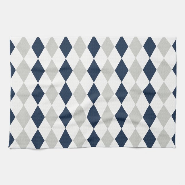 Cool Navy Blue and Gray Argyle Diamond Pattern Towel (Horizontal)