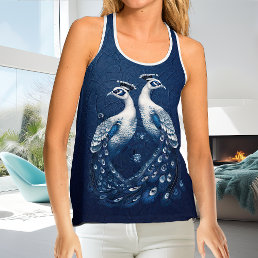 Cool Navy Blue and White and Peacock Themed Ladies Tank Top