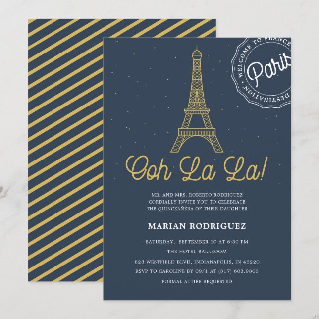 Cool Navy Blue Gold Eiffel Tower Paris Quinceañera Invitation (Front/Back)