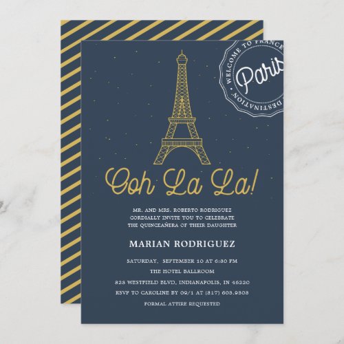 Cool Navy Blue Gold Eiffel Tower Paris Quinceaera Invitation