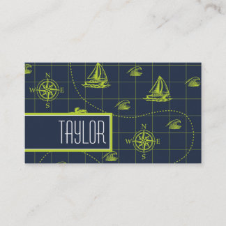 Cool, Navy Blue, Lime Green Nautical Map Business Card