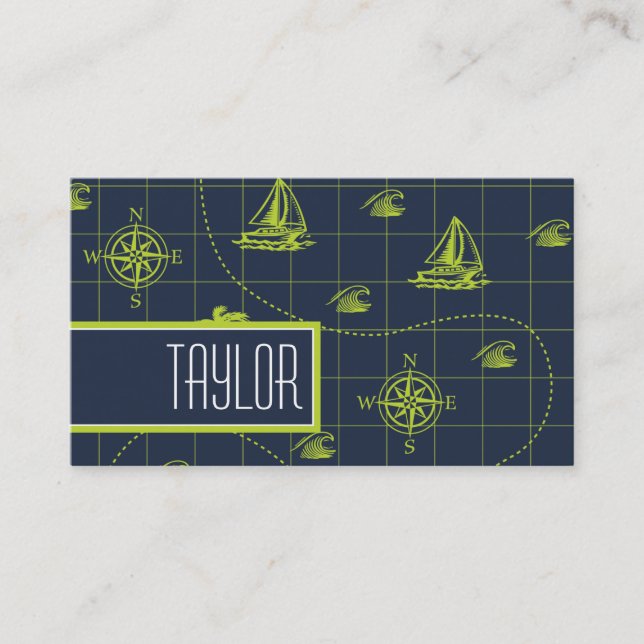 Cool, Navy Blue, Lime Green Nautical Map Business Card (Front)