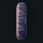 Cool Navy Blue Rose Gold Glitter Sparkle Drips Skateboard<br><div class="desc">Girly Cool Navy Blue and Pink Rose Gold Glitter Sparkle Drips Skateboard with faux glitter drips and your personalized name on a chic navy blue background. Easy to customize and perfect for your glitter aesthetic.</div>
