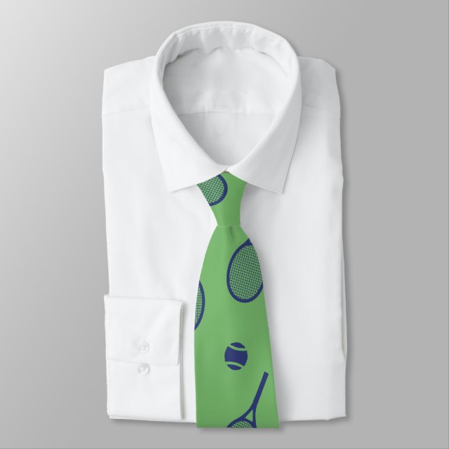 Cool Navy Blue Tennis Racquets Ball Pattern Green Neck Tie (Tied)