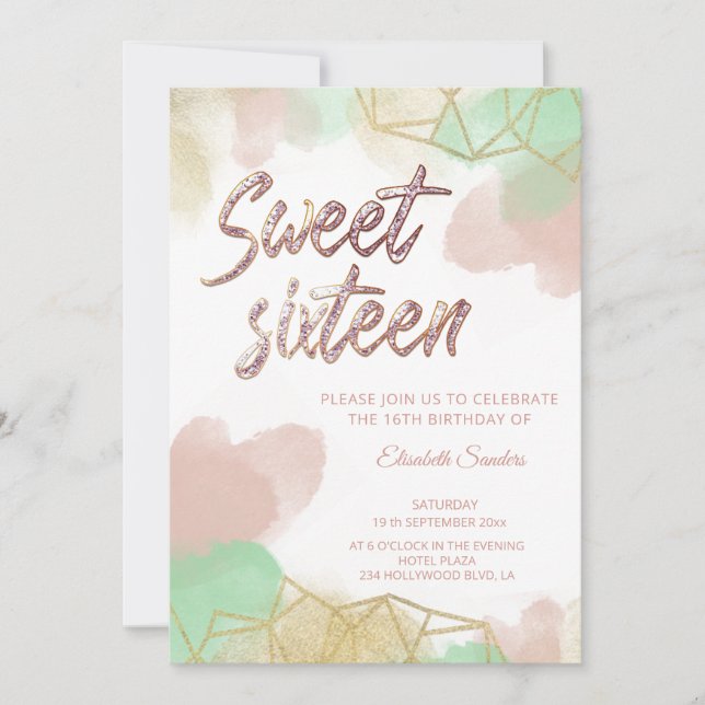 Cool Neomint blush gold watercolor geometrical Invitation (Front)
