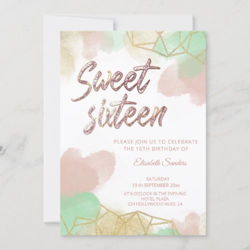 Cool Neomint blush gold watercolor geometrical Invitation