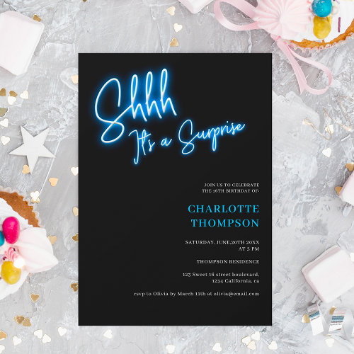 Cool neon blue retro photo surprise Sweet 16 