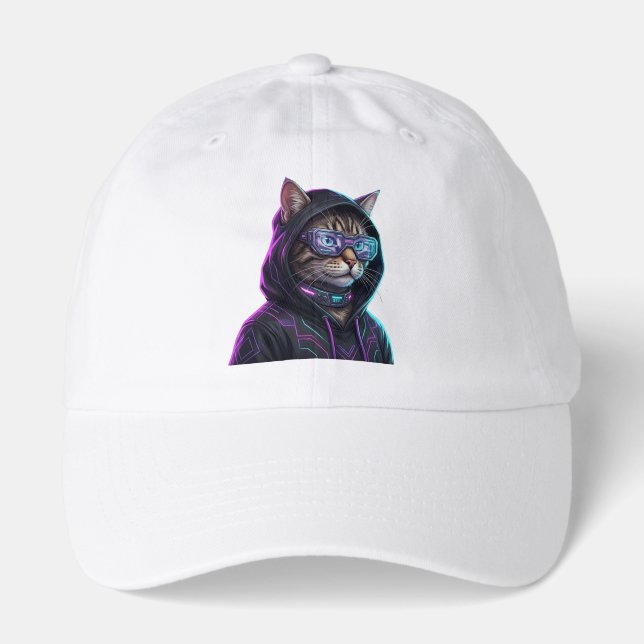 Cool Neon Cyberpunk Tabby Cat Futuristic Gamer Hat (Front)