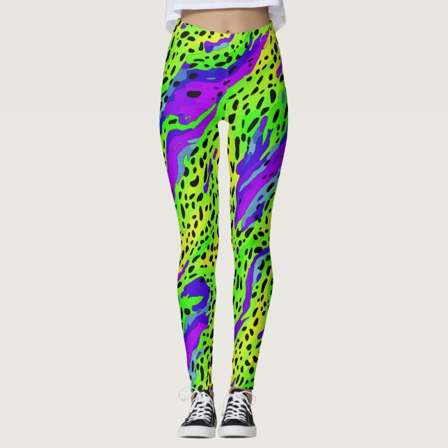 Cool Neon Green And Purple Animal Print Pattern  Leggings (Front)