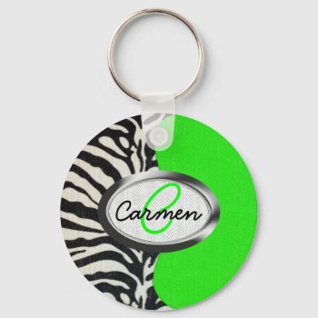 Cool Neon Green And Zebra Print Monogram Keychain by ChicPink at Zazzle