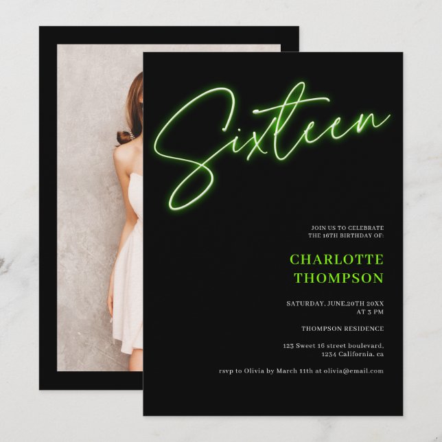 Cool neon green script retro black photo Sweet 16 Invitation (Front/Back)
