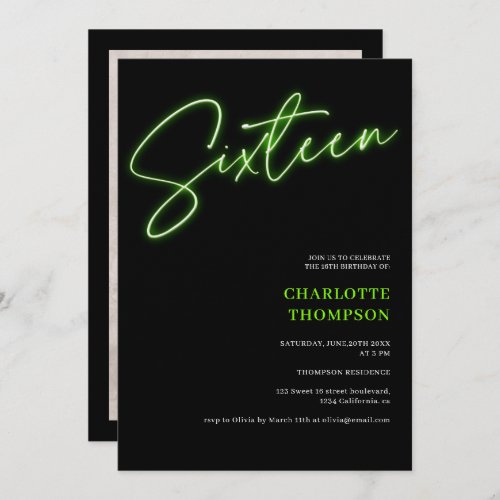Cool neon green script retro black photo Sweet 16 Invitation