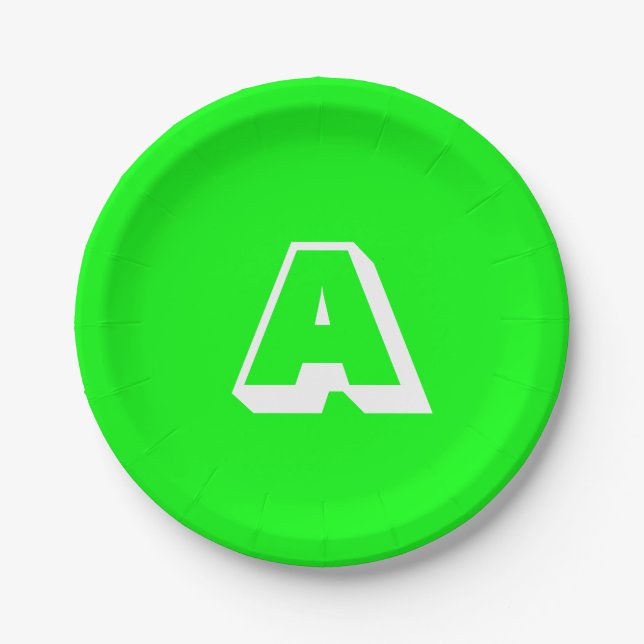 Cool neon green white custom monogram initial paper plates (Front)