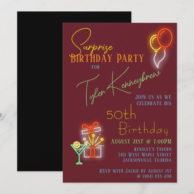 Cool Neon-Inspired Surprise Birthday Party Invitation (Front/Back)