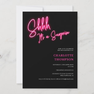 Cool neon pink retro black photo surprise Sweet 16 Invitation
