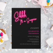 Cool neon pink retro black photo surprise Sweet 16 Invitation