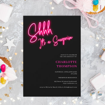 Cool Neon Pink Retro Black Photo Surprise Sweet 16 Invitation by girly_trend at Zazzle