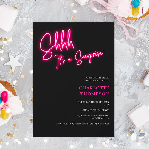 Cool neon pink retro black photo surprise Sweet 16