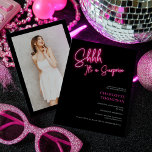 Cool neon pink retro black photo surprise Sweet 16 Invitation<br><div class="desc">Turn heads with this bold and fun Sweet 16 invitation featuring glowing neon pink script on a sleek black background. The front announces “Shhh… it’s a surprise” in electric style, while the back leaves space for a full-size photo of the birthday girl. Ideal for glam party themes, Y2K vibes, or...</div>