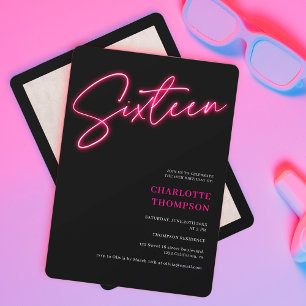 Cool neon pink script retro black photo Sweet 16 Invitation