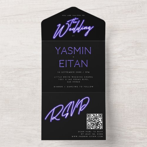 Cool Neon Purple Glow Black Modern Wedding All In One Invitation