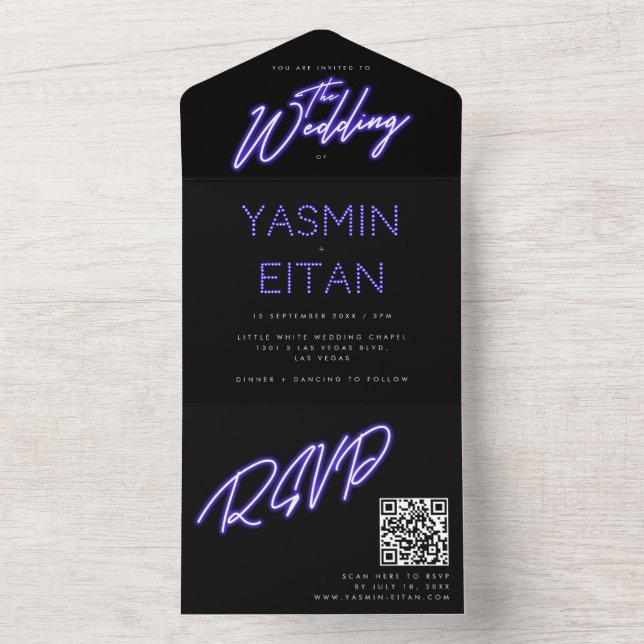 Cool Neon Purple Lights Black Modern Wedding All In One Invitation (Inside)