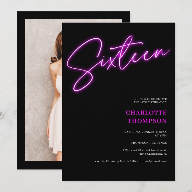 Cool neon purple script retro black photo Sweet 16 Invitation (Front/Back)