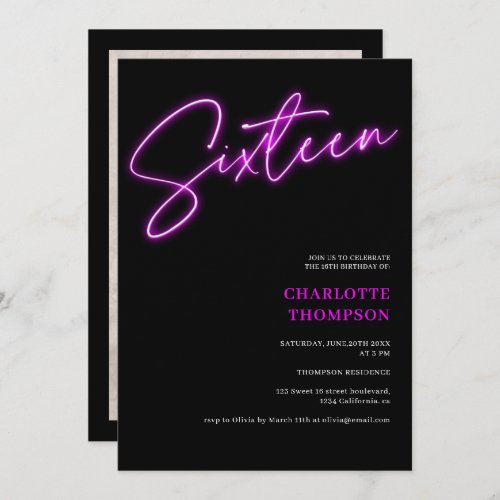 Cool neon purple script retro black photo Sweet 16 Invitation