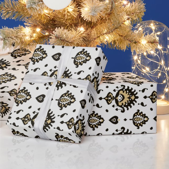 Cool neutral black white beige ikat tribal pattern wrapping paper (Holidays)