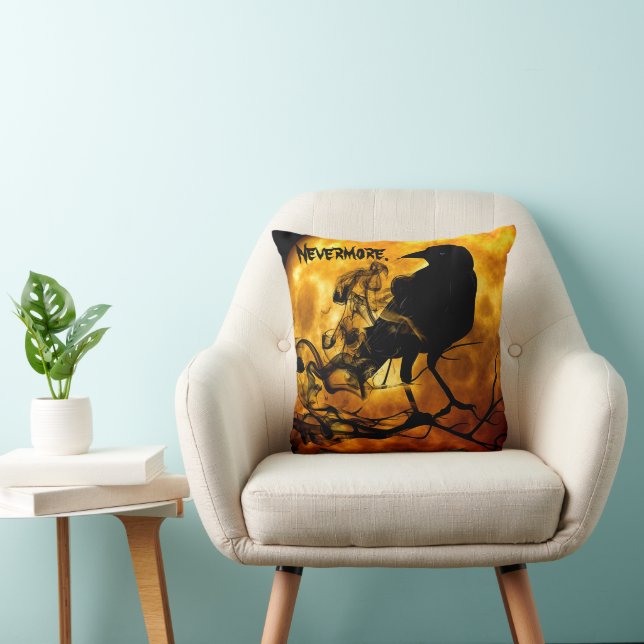 Cool 'Nevermore' Raven Orange Moon Halloween Throw Pillow (Chair)