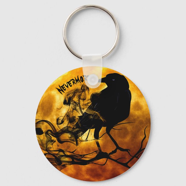 Cool 'Nevermore' Raven Orange Moon Wispy Ghosts Keychain (Front)