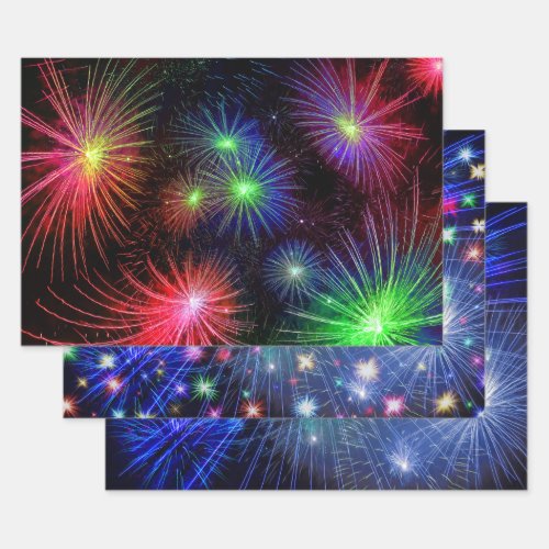 Cool New Years Eve Colorful Fireworks in Black Sky Wrapping Paper Sheets